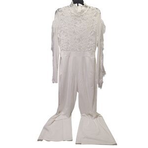 Women Round Neck Lace Long Sleeves Jumpsuit White Size Medium (Fits Like Small)